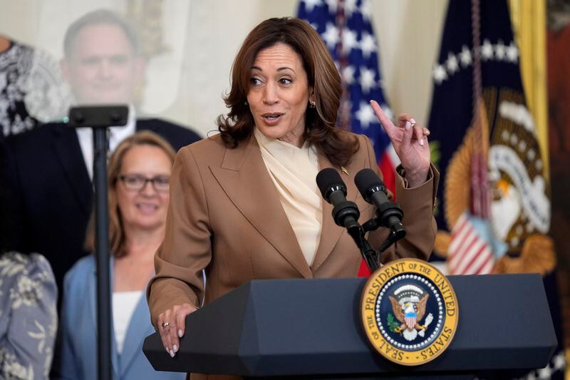 Vice President Kamala Harris speaks during an event to celebrate the 2023 WNBA champion Las Vegas Aces, in the East Room of the White House, Thursday, May 9, 2024, in Washington. (AP Photo/Evan Vucci)