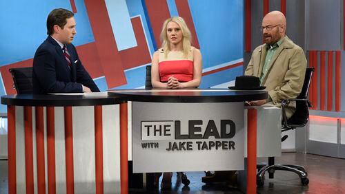 Beck Bennett as Jack Tapper, Kate McKinnon as Kellyanne Conway and Bryan Cranston as Walter White during "The Lead with Jake Tapper Cold Open" sketch on the Dec. 10, 2016, episode of "Saturday Night Live."