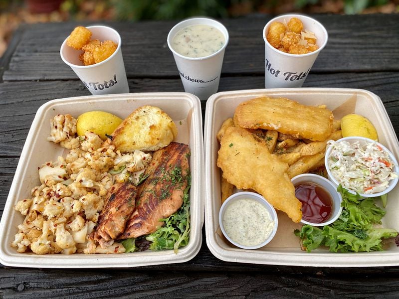 Brown Bag Seafood Co. offers a variety of fresh seafood options; shown here are grilled salmon with spicy cauliflower and garlic bread; fish and chips; clam chowder and two kinds of tots. Wendell Brock for The Atlanta Journal-Constitution