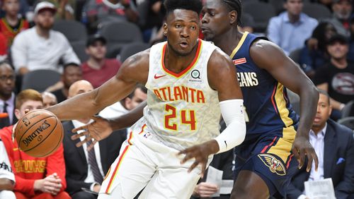 Bruno Fernando drives against the New Orleans Pelicans during the second half of an exhibition basketball game, Monday, Oct. 7, 2019, in Atlanta. The Pelicans won 133-109. (Special/John Amis)