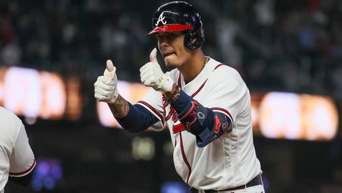 Atlanta Braves’ Vaughn Grissom reacts after driving in the go-ahead run scoring Atlanta Braves’ Eddie Rosario (not pictured) during the eighth inning against the Miami Marlins at Truist Park, Wednesday, April 26, 2023, in Atlanta. The Braves won 6-4. Jason Getz / Jason.Getz@ajc.com)