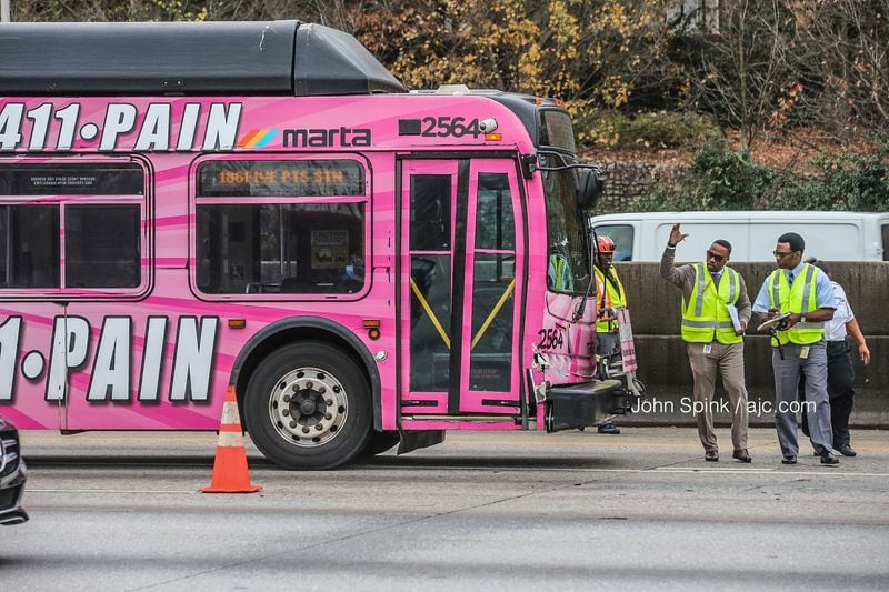 Two people on the MARTA bus reported injuries as a result of the wreck, but none are considered serious, according to the transit agency.