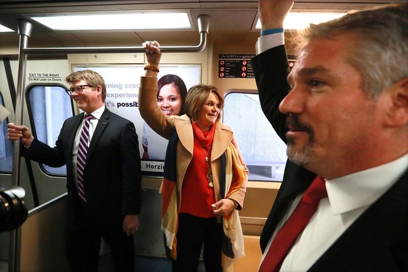 March 7, 2019 Atlanta: MARTA General Manager/CEO Jeffrey Parker (from left), board chair Freda Hardage, and Chief of Rail Operations David Springstead ride a north bound train to Dunwoody during a behind the scenes tour on Thursday, March 7, 2019, in Atlanta. Curtis Compton/ccompton@ajc.com