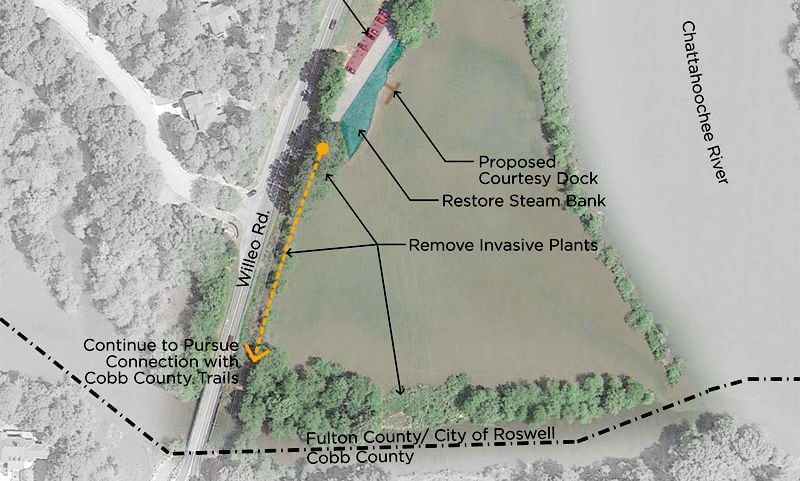 A page from the Roswell Riverwalk master plan depicts the end of the trail at Willeo Park and the Cobb County line. CITY OF ROSWELL