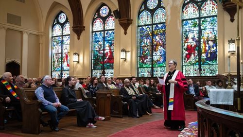 Senior Pastor, the Rev. Beth LaRocca-Pitts talks to her congregation during Sunday morning service at Saint Mark United Methodist Church in Atlanta March 3, 2019. STEVE SCHAEFER / SPECIAL TO THE AJC