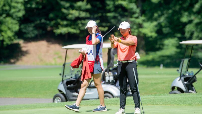 Jenny Bae lines up a putt at the 2021 Georgia Women's Amateur in Rome. Bae is a two-time All-America at the University of Georgia. (Photo by Kate Awtrey-King for the AJC)