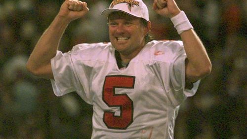 980117 Minneapolis, MN-: Falcons' kicker Morten Andersen (5) yells for joy while holding clenched fists after his game-winning field goal beat the Minnesota Vikings in overtime of the NFC Championship game. (AJC Staff Photo/DAVID TULIS)