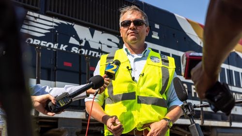 Norfolk Southern President and CEO Alan Shaw speaks to reporters at a first responder training at Norfolk Southern’s East Point rail yard on Tuesday, June 6, 2023. (Arvin Temkar / arvin.temkar@ajc.com)