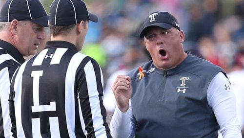 ANNAPOLIS, MD - OCTOBER 13: Head coach Geoff Collins of the Temple Owls disagrees with referees during the first half against the Navy Midshipmen at Navy-Marines Memorial Stadium on October 13, 2018 in Annapolis, Maryland. (Photo by Will Newton/Getty Images)