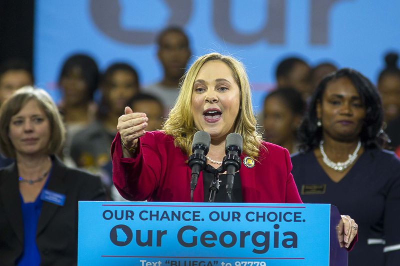 11/02/2018 -- Atlanta, Georgia -- Sarah Riggs Amico, Democratic nominee for Lieutenant Governor, )speaks during a rally for gubernatorial candidate Stacey Abrams in Forbes Arena at Morehouse College, Friday, November 2, 2018.  (ALYSSA POINTER/ALYSSA.POINTER@AJC.COM)