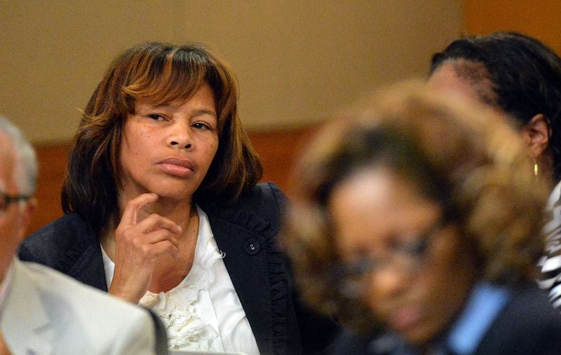 Former APS Dunbar Elementary teacher Pamela Cleveland listens during sentencing. Sentencing continues for 10 of the 11 defendants convicted of racketeering and other charges in the Atlanta Public Schools test-cheating trial before Judge Jerry Baxter in Fulton County Superior Court, Tuesday, April 14, 2015. (Atlanta Journal-Constitution, Kent D. Johnson, Pool)