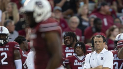 South Carolina head coach Shane Beamer watching his defense during the first half against Eastern Illinois Saturday, Sept. 4, 2021 at Williams-Brice Stadium in Columbia, S.C. (Hakim Wright Sr./AP)