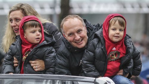 Atlanta United President Darren Eales and family. Crowds took to downtown streets Monday, Dec. 10 ,2018 in celebration of winning its first championship and just the second major championship for the city of Atlanta. JOHN SPINK/JSPINK@AJC.COM