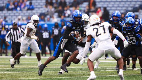 Georgia State quarterback Darren Grainger tied the school record for career touchdown passes with 51 against App State on Nov. 11, 2023 at Center Parc Stadium. But the senior had a costly fumble and interception in the 41-14 loss. (Ivan Konon/Georgia State Athletics)