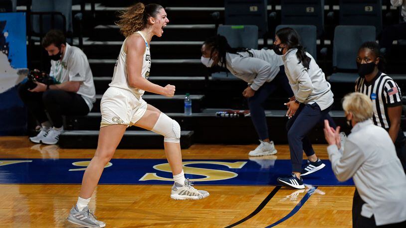 Georgia Tech forward Lorela Cubaj (13) reacts after a basket by a teammate during the second half  against Stephen F. Austin in the first-round of the women's NCAA Tournament Sunday, March 21, 2021, at the Greehey Arena in San Antonio, Texas. (Ronald Cortes/AP)
