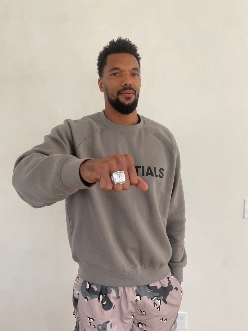 Former Georgia Tech linebacker Gerris Wilkinson shows off his Super Bowl ring, won with the New York Giants in 2008. (Photo courtesy Gerris Wilkinson)