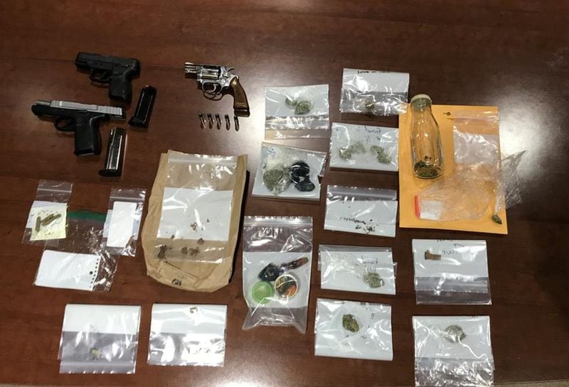 Almost 70 people went to jail for what is pictured. Two of the guns were turned over to police by arrestees. The other gun was the homeowner’s.