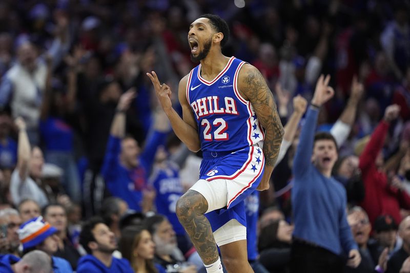 Philadelphia 76ers' Cameron Payne reacts after making a basket during the first half of Game 3 in an NBA basketball first-round playoff series against the New York Knicks, Thursday, April 25, 2024, in Philadelphia. (AP Photo/Matt Slocum)