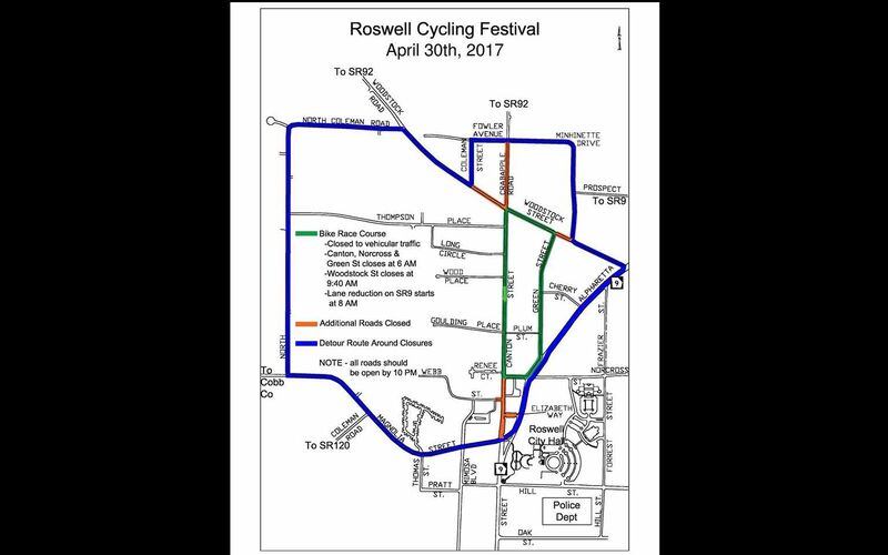 Several North Fulton roads will be closed on Sunday due to Roswell's cycling festival.