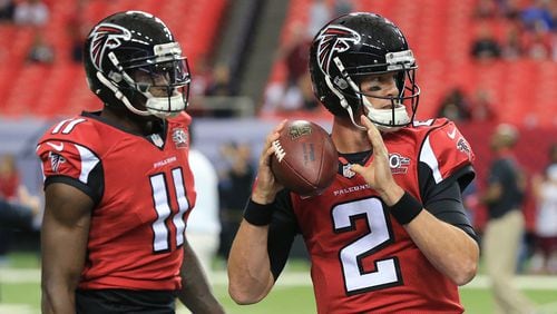 Falcons quarterback Matt Ryan and wide receiver Julio Jones prepare to play the Houston Texans on Sunday, Oct. 4, 2015, in Atlanta.
