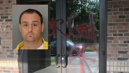 Clint Vance, whose mugshot is shown here, is accused of vandalizing churches in Cobb County, some of which is also shown here.