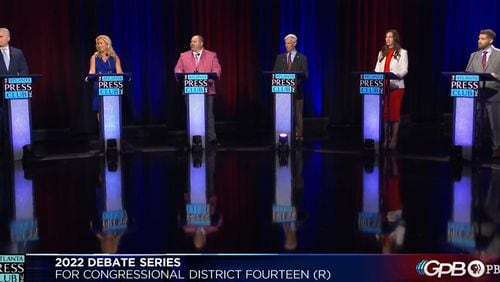 Screenshot taken during the Atlanta Press Club debate on May 1, 2022, featuring all six Republicans competing in Congressional District 14.