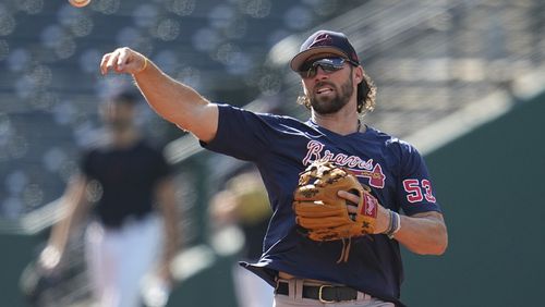 Atlanta Braves' Charlie Culberson warms up during batting practice before a baseball game against the Cleveland Guardians, Monday, July 3, 2023, in Cleveland. (AP Photo/Sue Ogrocki)