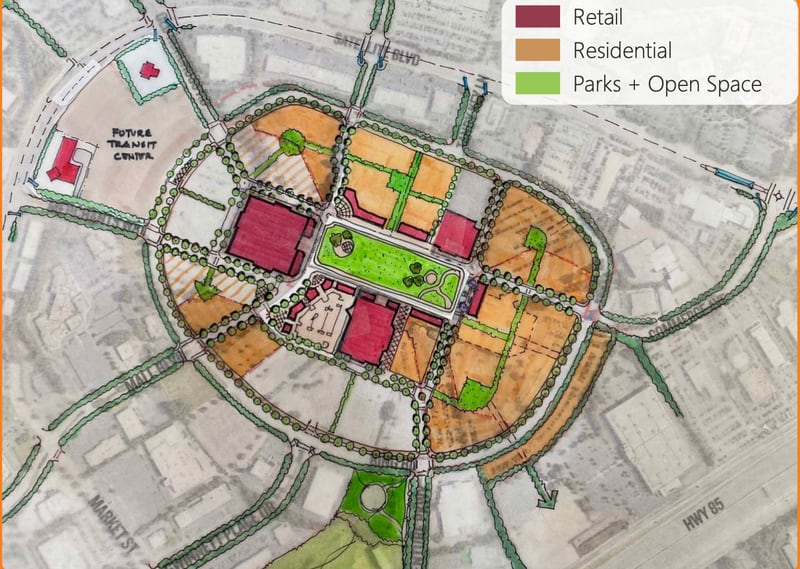The mixed-use town center concept for the Gwinnett Place Mall site.