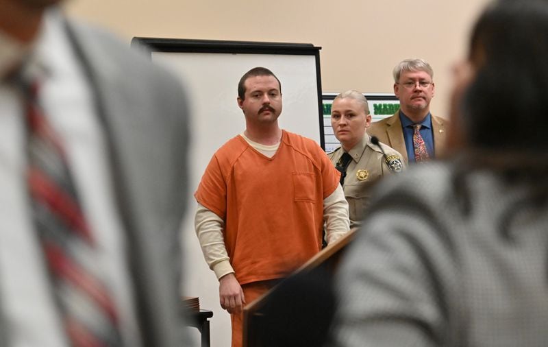 February 14, 2020 Rome - Michael Helterbrand is escorted out after Judge Jack Niedrach denied a bond at Floyd County Superior Court in Rome on Friday, February 14, 2020. A judge denied bond to Two men accused of belonging to a white supremacist group that allegedly plotted to kill a Bartow County couple, overthrow the government and start a race war.  (Hyosub Shin / Hyosub.Shin@ajc.com)