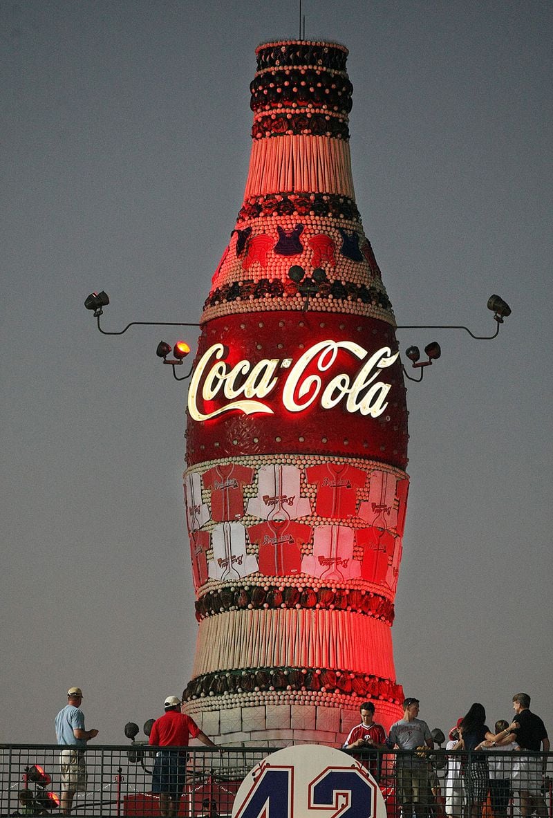 This giant Coke bottle graced Turner Field for over 12 years and more than 1,000 homerun celebrations. It was made of more than 11,000 pieces of authentic Atlanta Braves baseball equipment including 6,680 baseballs, 290 bats and 86 gloves.   Curtis Compton / ccompton@ajc.com