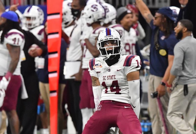 South Carolina State defensive back Decobie Durant reacts during the first half of the 2021 Celebration Bowl at Mercedes-Benz Stadium in Atlanta. (Hyosub Shin / Hyosub.Shin@ajc.com)