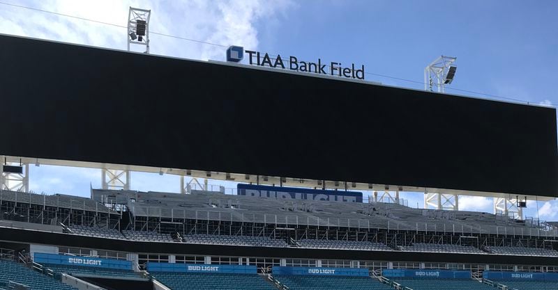 This photo shows the north end zone of TIAA Bank Field when temporary seating is installed. Otherwise, it is an open-air patio with premium seating and concession and restroom access. (Photo from TIAA Bank Field)