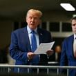 Former President Donald Trump speaks to reporters next to lawyer Todd Blanche at Manhattan Criminal Court in New York, Thursday, May 9, 2024. (Angela Weiss/Pool Photo via AP)