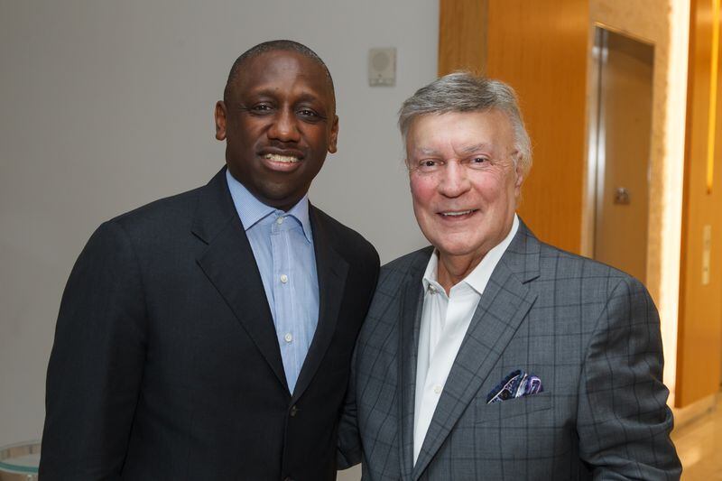 Producer and Atlanta's Best Cellars Dinner co-chairman Chaka Zulu, left, and entertainment industry consultant Don Perry, an entertainment advisory board co-chairman for the event, at a cocktail party for patrons held recently at Greenberg Traurig. Photos: Ben Rose