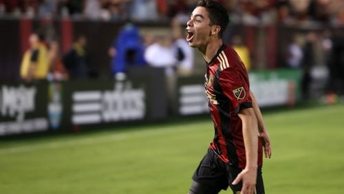 ATLANTA, GA - MAY 20, 2017.  Atlanta United midfielder Miguel Almiron reacts after scoring the second goal of the team in the first half.