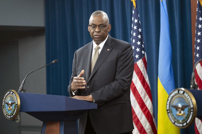 Defense Secretary Lloyd Austin speaks during a press briefing on Friday, April 26, 2024 at the Pentagon in Washington. (AP Photo/Kevin Wolf)