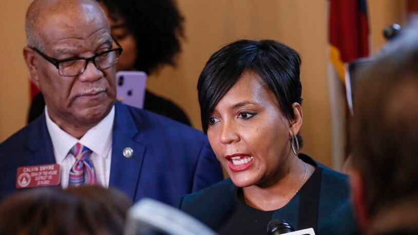 January 14, 2020 - Atlanta - Rep. Calvin Smyre D - Columbus, watches as Atlanta Mayor Keisha Lance Bottoms talks with the media after she addressed the house. The Georgia General Assembly continued with the second legislative day of the 2020 session. Bob Andres / bandres@ajc.com