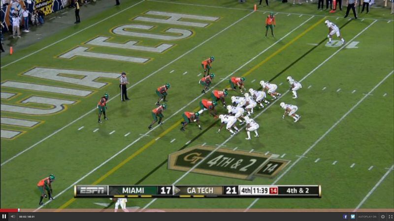 Standard alignment for the offense, with A-back Deon Hill behind left tackle Errin Joe and Perkins set behind right tackle Chris Griffin. Wide receiver Darren Waller is split out to the right. Miami is in a 4-3 with middle linebacker Denzel Perryman about four yards off the line of scrimmage. He set deeper than the outside linebackers the entire game.