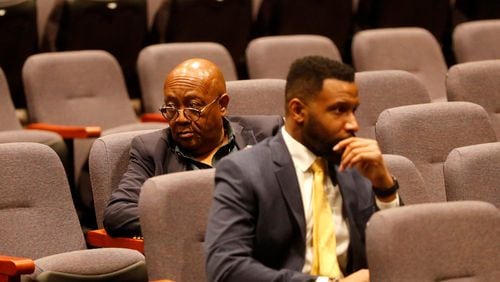 SCCPSS School Board President Roger Moss sits with board representative Paul Smith during a forum seeking input for the next superintendent on March 22, 2023 at Beach High School. (Photo Courtesy of Richard Burkhart/Savannah Morning News)