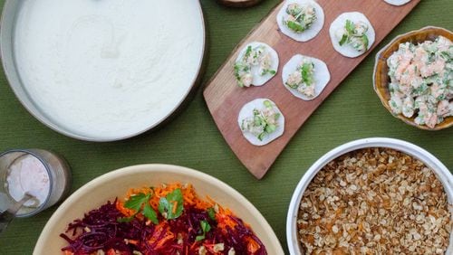 Shake up the root vegetable repertoire with recipes for (clockwise, from left) Turnip Soup with Chive Cream, Daikon “Crostini” with Shrimp Salad, Sweet Potato Crisp, and Carrot and Beet Salad with Lemon Vinaigrette. (Virginia Willis for The Atlanta Journal-Constitution)