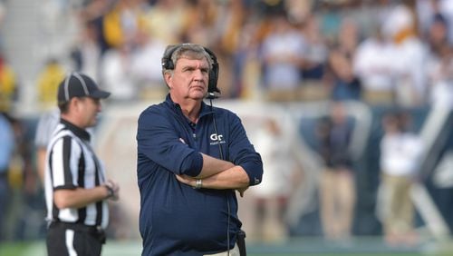 Georgia Tech coach Paul Johnson reacts at the end of the fourth quarter of a 38-7 loss against Georgia on Saturday at Bobby Dodd Stadium.