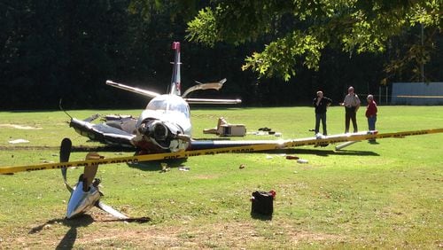 The single-engine plane crash-landed onto the athletic field at Starr’s Mill High School in 2014.