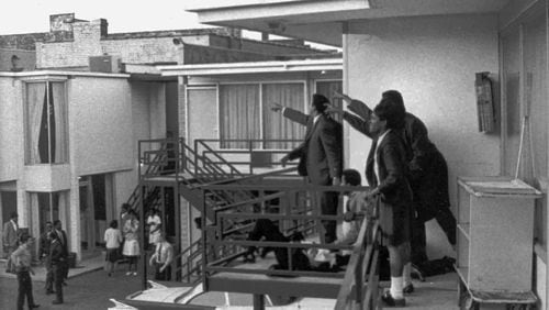 This photo was taken minutes after an assassin’s bullet struck the Rev. Martin Luther King Jr. at the Lorraine Motel in Memphis, Tenn., on April 4, 1968. AP PHOTO/FILES, COPYRIGHT 1968 TIME INC.