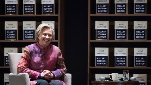 Hillary Clinton on Nov. 13, 2017 speaking about her new book “What Happened” during a promotional book tour at the Fox Theatre, in Atlanta. BRANDEN CAMP/SPECIAL