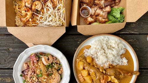 Some dishes on the menu at Tum Pok Pok include (clockwise from upper left): pad Thai, crispy fried pork belly, masaman curry with drumsticks, and glass noodle salad with seafood and minced chicken. Wendell Brock for The Atlanta Journal-Constitution