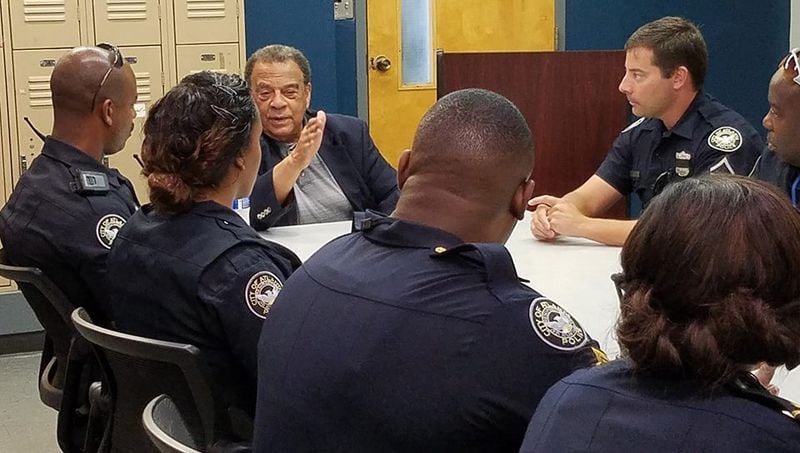 Former Atlanta Mayor Andrew Young spoke with police officers at the Atlanta Police Department’s Zone 4 office in the days following the Black Lives Matters protests of 2016. (Photo downloaded from APD Facebook page)