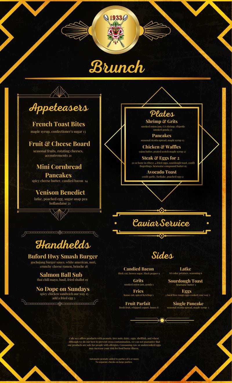 The menu from Cafe 1933.
