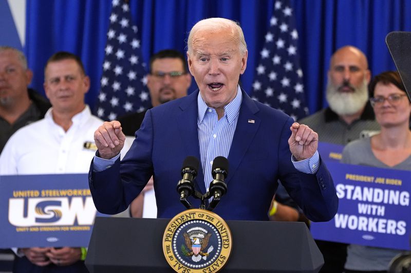 President Joe Biden has been campaigning in Pennsylvania this week. He is pictured speaking at the United Steelworkers Headquarters in Pittsburgh on Wednesday. 
