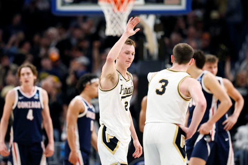 Purdue guard Fletcher Loyer (2) celebrates after the team's 80-68 win over Gonzaga in a Sweet 16 college basketball game in the NCAA Tournament, Friday, March 29, 2024, in Detroit. (AP Photo/Duane Burleson)