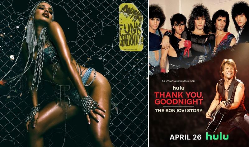 This combination of images shows album cover art for "Funk Generation" by Anitta, and promotional art for the Hulu series "Thank You, Goodnight" (Republic Records/Hulu via AP)